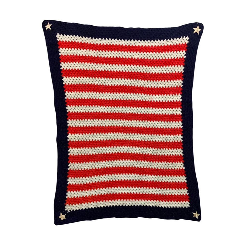 Vintage Crochet Patriotic USA Throw Blanket Afghan Stars Stripes 55" x 41"